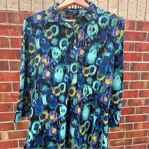 Dana Buchman Watercolor Graphic Top 1/4 Button 3/4 Sleeve Flowy Pullover Shirt L